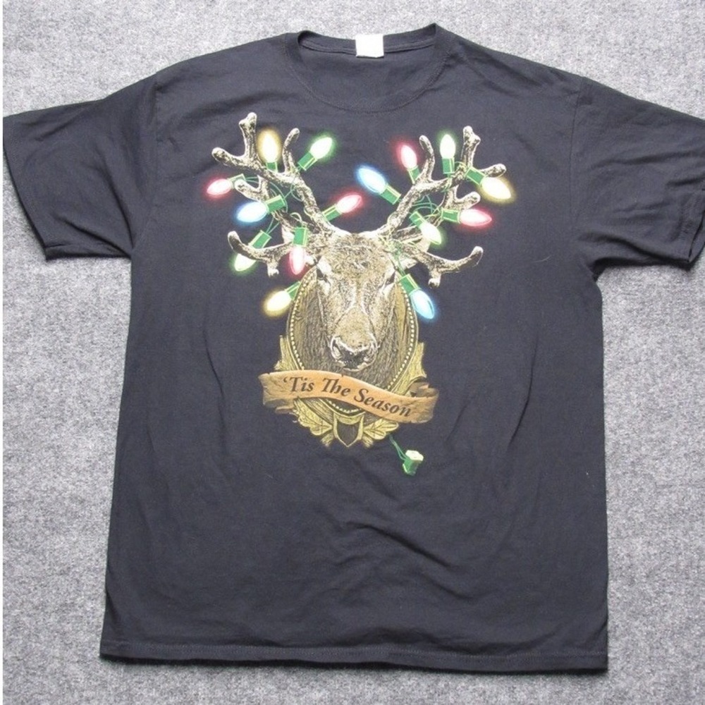Tis The Season Christmas Deer Graphic T-Shirt Black Short Sleeve Mens Large